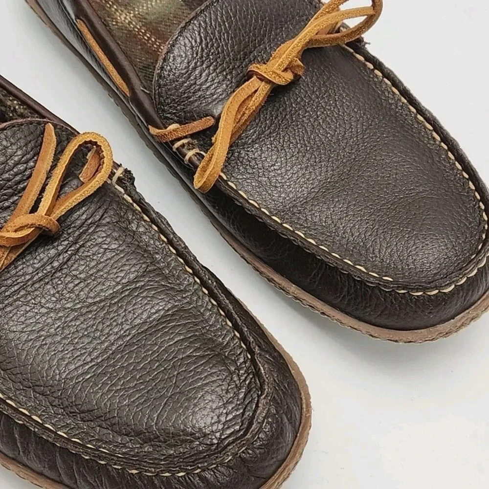 LL Bean Slipper Driving Loafer Men Sz 9 Brown Leather Flannel Line Moccasin Shoe